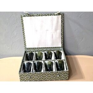 Luminous vintage 8 Chinese‎ jade wine cups in original box 敦煌綠玉夜光杯